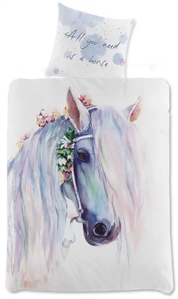 Heste sengetøj - 140x200 cm - Smuk hest med blomster - Vendbar sengesæt - 100% bomuld
